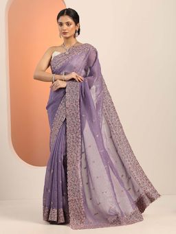Libas - Lavender Silk Blend Embellished Saree with Unstitched Blouse