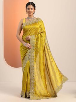 Libas - Mustard Silk Blend Floral Saree with Unstitched Blouse