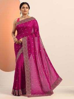 Libas - Magenta Silk Blend Embroidered Saree with Unstitched Blouse