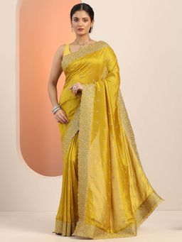 Libas - Mustard Silk Blend Embroidered Saree with Unstitched Blouse