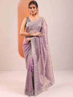 Libas - Lavender Nylon Embroidered Saree with Unstitched Blouse