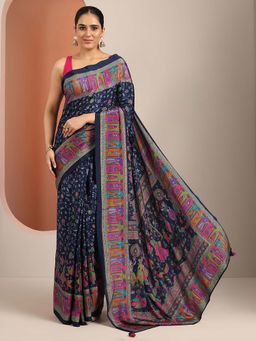 Libas - Navy Blue Crepe Printed Saree with Unstitched Blouse