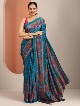 Libas - Blue Crepe Printed Saree with Unstitched Blouse