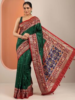 Libas - Green Silk Blend Printed Saree with Unstitched Blouse