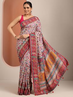 Libas - Beige Silk Blend Printed Saree with Unstitched Blouse