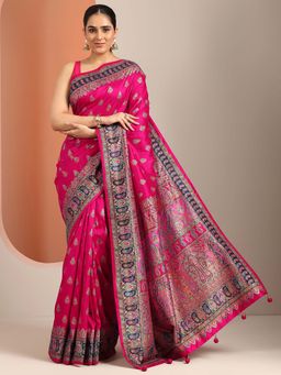 Libas - Pink Silk Blend Printed Saree with Unstitched Blouse