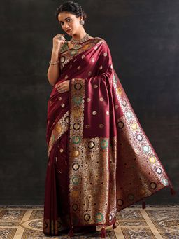 Libas - Maroon Silk Blend Handloom Saree with Unstitched Blouse