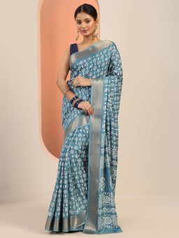Libas - Blue Silk Blend Printed Saree with Unstitched Blouse