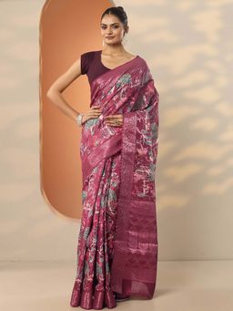 Libas - Maroon Silk Blend Printed Saree with Unstitched Blouse