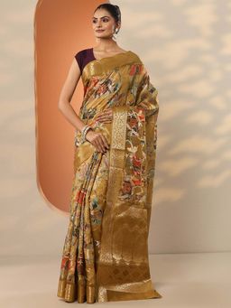 Libas - Mustard Silk Blend Printed Saree with Unstitched Blouse