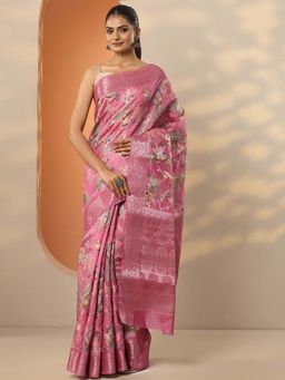 Libas - Pink Silk Blend Printed Saree with Unstitched Blouse