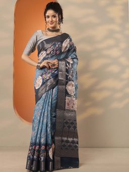 Libas - Blue Silk Blend Printed Saree with Unstitched Blouse