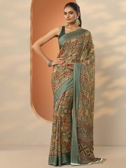 Libas - Green Georgette Printed Saree with Unstitched Blouse