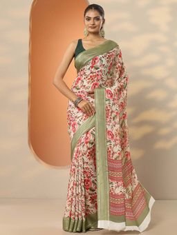 Libas - Cream Georgette Printed Saree with Unstitched Blouse