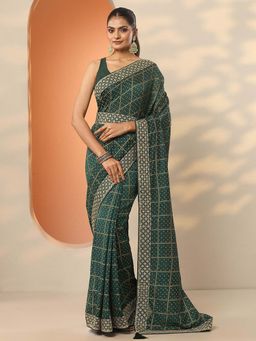 Libas - Green Silk Blend Printed Saree with Unstitched Blouse