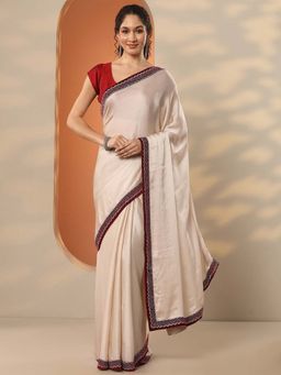 Libas - Beige Chiffon Embellished Saree with Unstitched Blouse