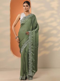 Libas - Green Satin Embroidered Saree with Unstitched Blouse