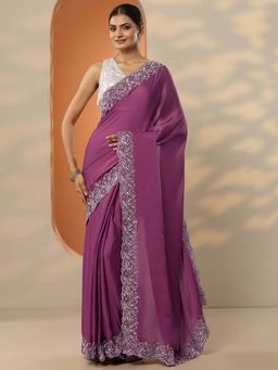 Libas - Mauve Satin Embroidered Saree with Unstitched Blouse