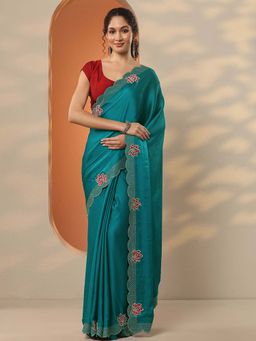 Libas - Teal Chiffon Embellished Saree with Unstitched Blouse
