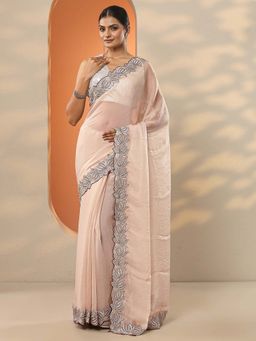 Libas - Beige Organza Embellished Saree with Unstitched Blouse