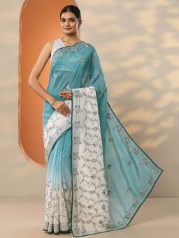 Libas - Blue Organza Embellished Saree with Unstitched Blouse