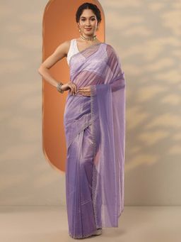 Libas - Lavender Nylon Embellished Saree with Unstitched Blouse