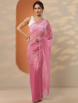 Libas - Pink Nylon Embellished Saree with Unstitched Blouse