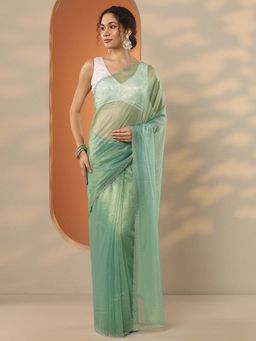 Libas - Green Nylon Embellished Saree with Unstitched Blouse