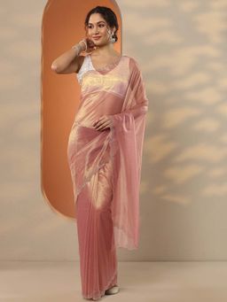 Libas - Coral Nylon Embellished Saree with Unstitched Blouse