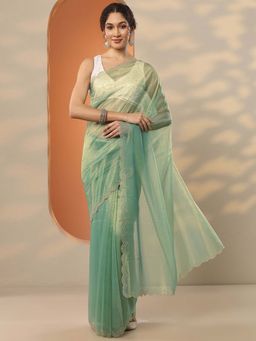 Libas - Green Nylon Embellished Saree with Unstitched Blouse