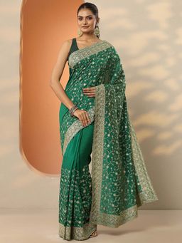Libas - Green Silk Blend Embroidered Saree with Unstitched Blouse
