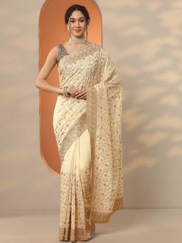 Libas - Gold Silk Blend Embroidered Saree with Unstitched Blouse
