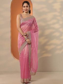 Libas - Pink Nylon Embellished Saree with Unstitched Blouse
