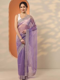 Libas - Lavender Nylon Embellished Saree with Unstitched Blouse