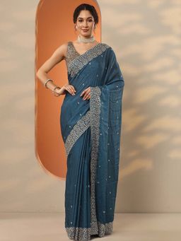 Libas - Blue Silk Blend Embellished Saree with Unstitched Blouse