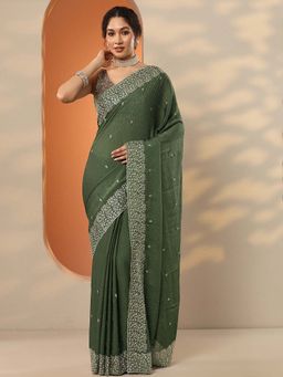 Libas - Olive Silk Blend Embellished Saree with Unstitched Blouse