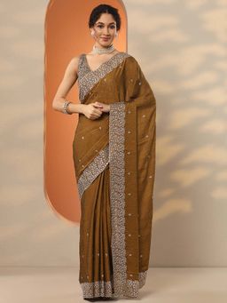 Libas - Brown Silk Blend Embellished Saree with Unstitched Blouse
