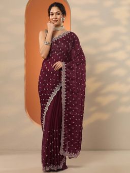Libas - Maroon Organza Embroidered Saree with Unstitched Blouse