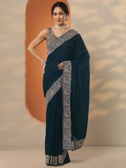 Libas - Teal Silk Blend Embellished Saree with Unstitched Blouse