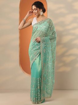 Libas - Green Nylon Embroidered Saree with Unstitched Blouse