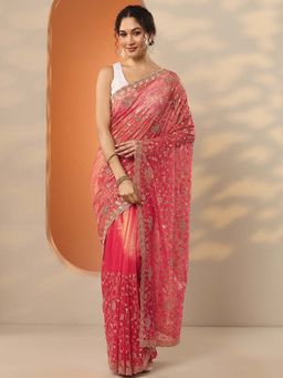 Libas - Coral Nylon Embroidered Saree with Unstitched Blouse