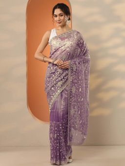 Libas - Lavender Nylon Embroidered Saree with Unstitched Blouse
