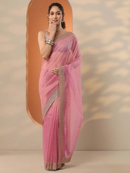 Libas - Pink Nylon Embellished Saree with Unstitched Blouse
