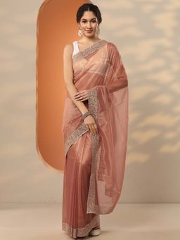 Libas - Orange Nylon Embellished Saree with Unstitched Blouse