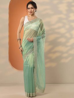 Libas - Green Nylon Embellished Saree with Unstitched Blouse