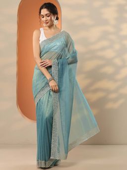 Libas - Blue Nylon Embellished Saree with Unstitched Blouse