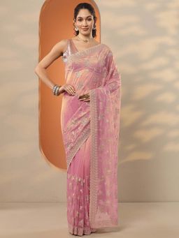 Libas - Pink Nylon Floral Saree with Unstitched Blouse