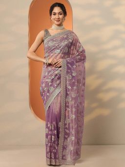 Libas - Lavender Nylon Floral Saree with Unstitched Blouse