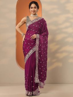Libas - Magenta Organza Embroidered Saree with Unstitched Blouse