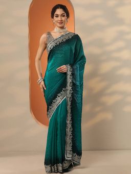 Libas - Green Organza Embellished Saree with Unstitched Blouse